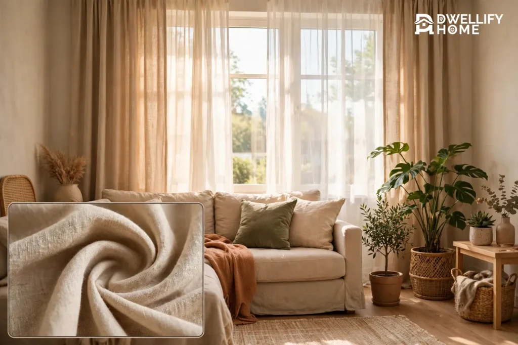 A sunny living room with floor-length beige linen curtains layered over sheer white panels above a beige sofa, with a magnified close-up of the linen fabric weave in the bottom-left corner