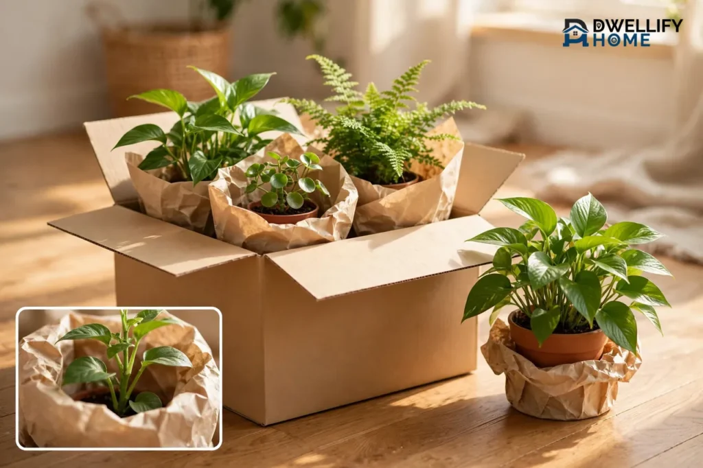 Opened unmarked delivery box with healthy plants in paper wrapping, with a wrapping inset