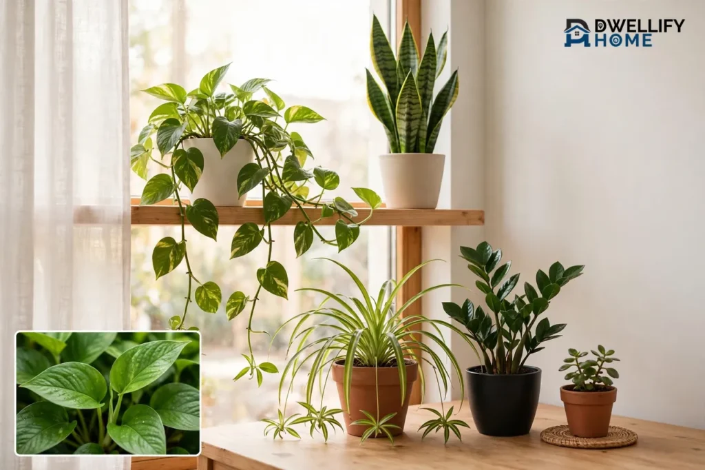 Shelf and tabletop starter collection with trailing pothos, upright snake plant, spider plant, ZZ plant, and a small succulent