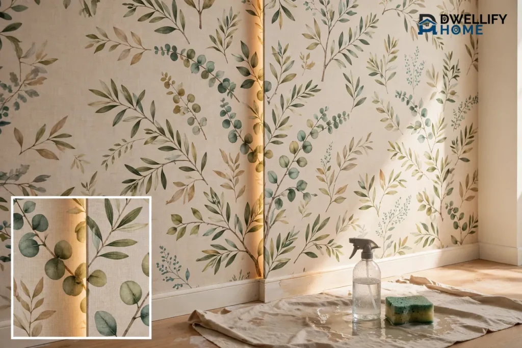 Botanical pre-pasted wallpaper smoothed flat on a living-room wall with its seam perfectly aligned, a water spray bottle and sponge on a drop cloth below, and a magnified inset of the seamless pattern match at the seam