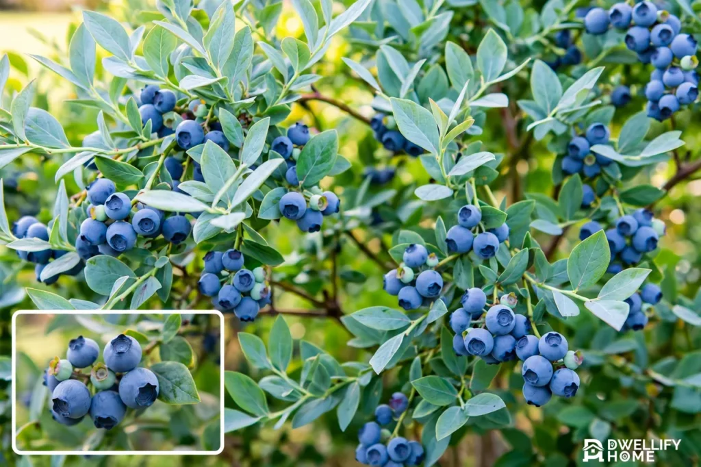 Blueberry bush close-up with ripe berries and blue-green foliage