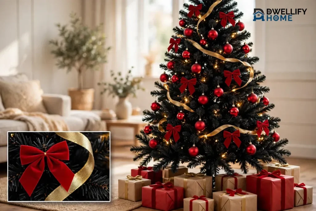 Black Christmas tree with red ornaments, gold ribbon and wrapped gifts beneath