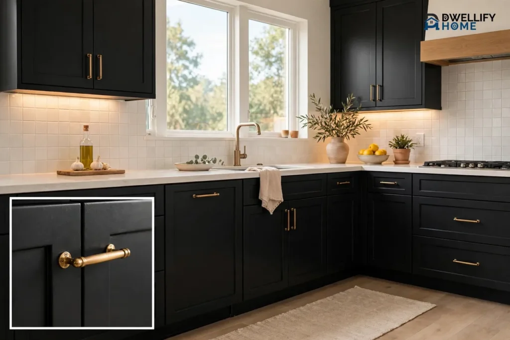 A bright kitchen with matte black shaker cabinets, brass handles, light quartz countertops and white tile backsplash, with a magnified close-up of a black cabinet door and brass handle in the bottom left corner