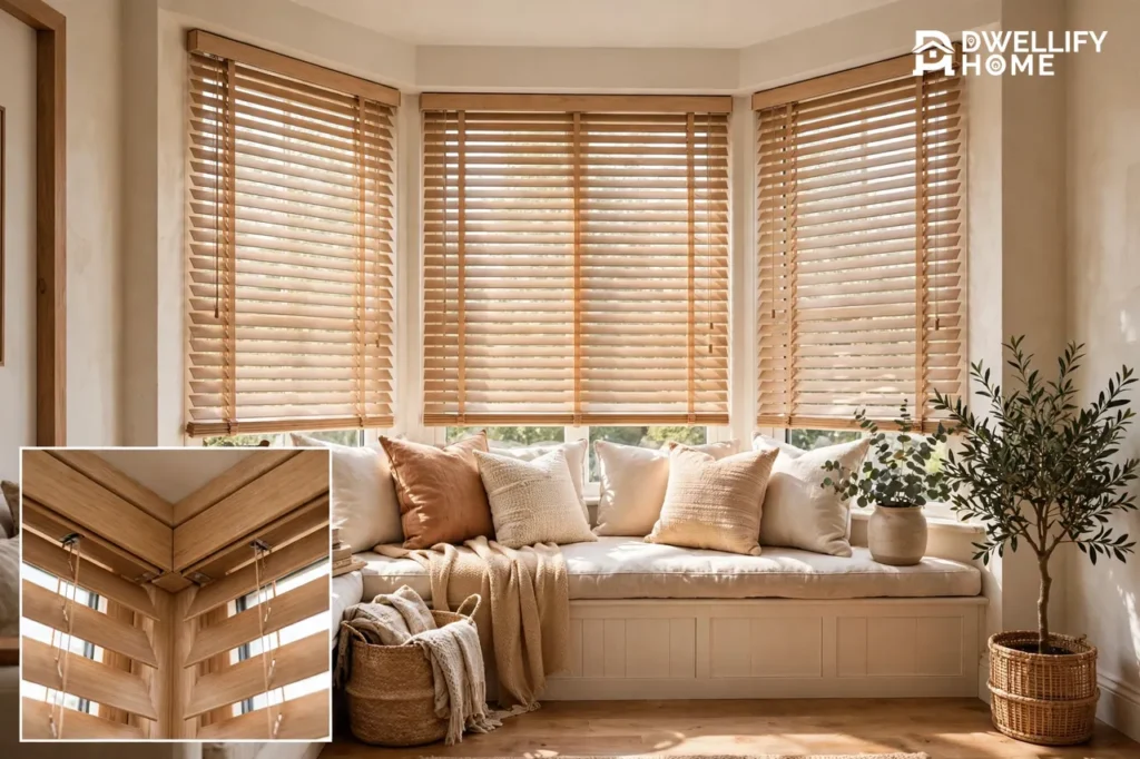 Three-sided angled bay window fitted with light wood venetian blinds above a window seat, with a magnified inset at bottom left showing two blinds meeting at the angled bay corner