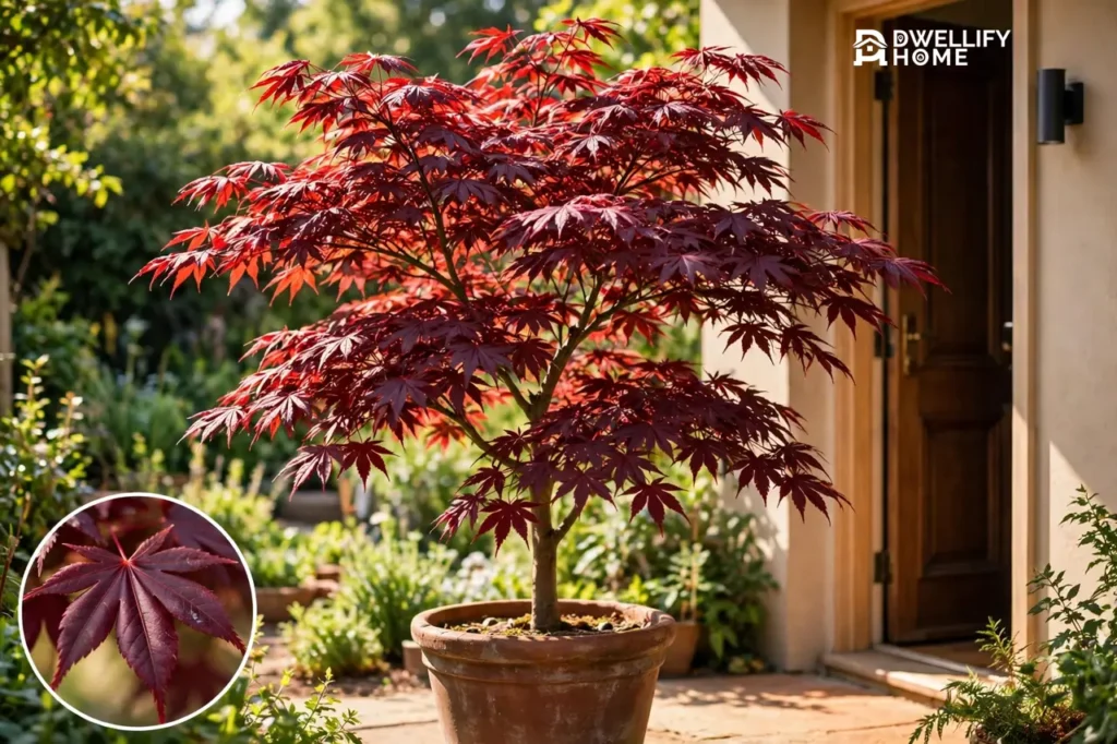 Red-leaved Bloodgood maple in a terracotta pot by a doorway, with a close-up inset of red leaves