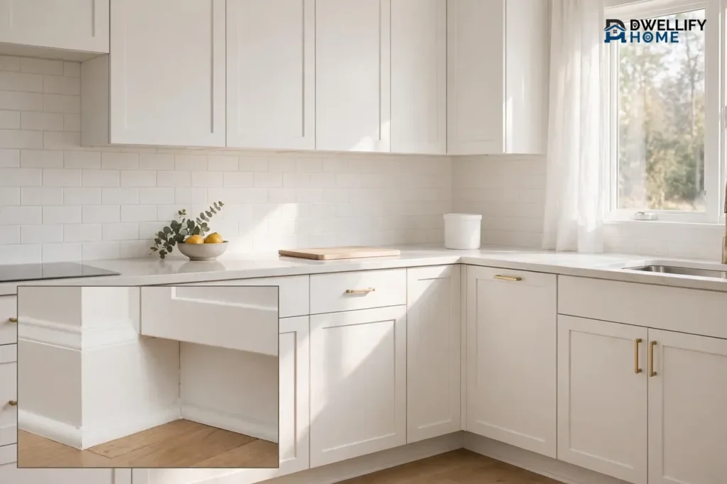 Bright clean white kitchen with a small plain unmarked container on the counter, with a small inset showing a clean baseboard and cabinet gap