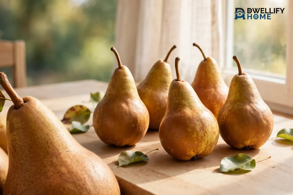 Brown russeted long-necked Bosc pears in bright window light