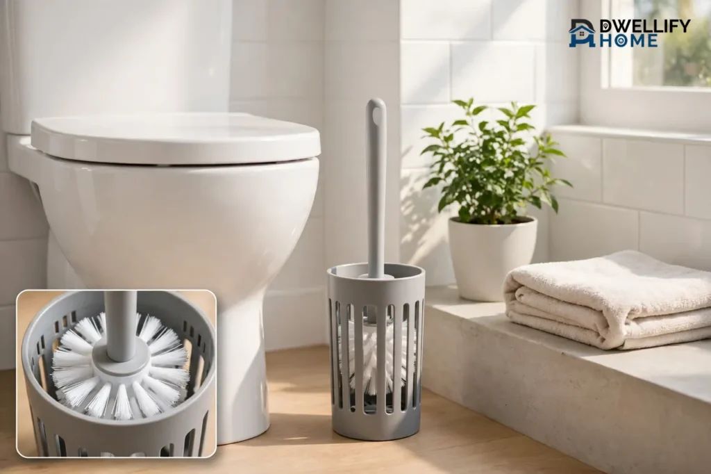 A clean bright bathroom with a white toilet and a modern brush in a ventilated holder beside it, plus a close-up inset of the clean brush head.
