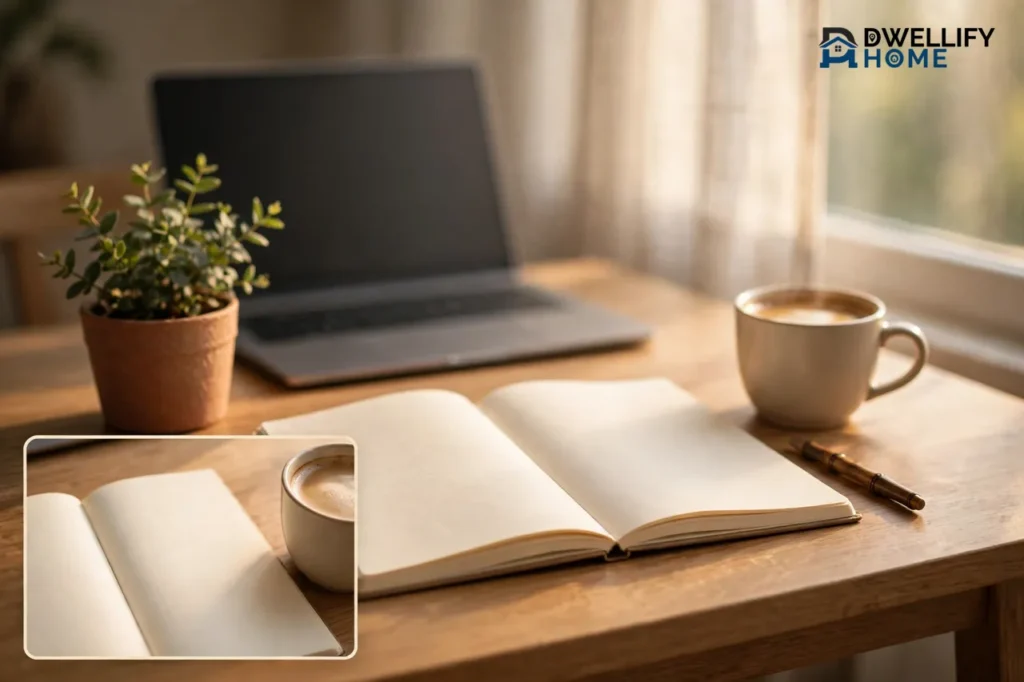 Calm window-lit desk with blank open notebook, coffee and blank laptop screen