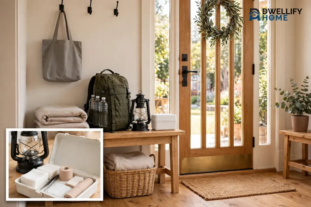 Sunny entryway bench with a ready backpack, lantern, water and blankets, open first-aid kit inset