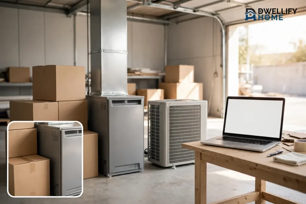 Unbranded boxed HVAC equipment with a furnace and air-conditioner unit beside a laptop with a blank screen, and a close-up inset of the equipment and boxes at the bottom left