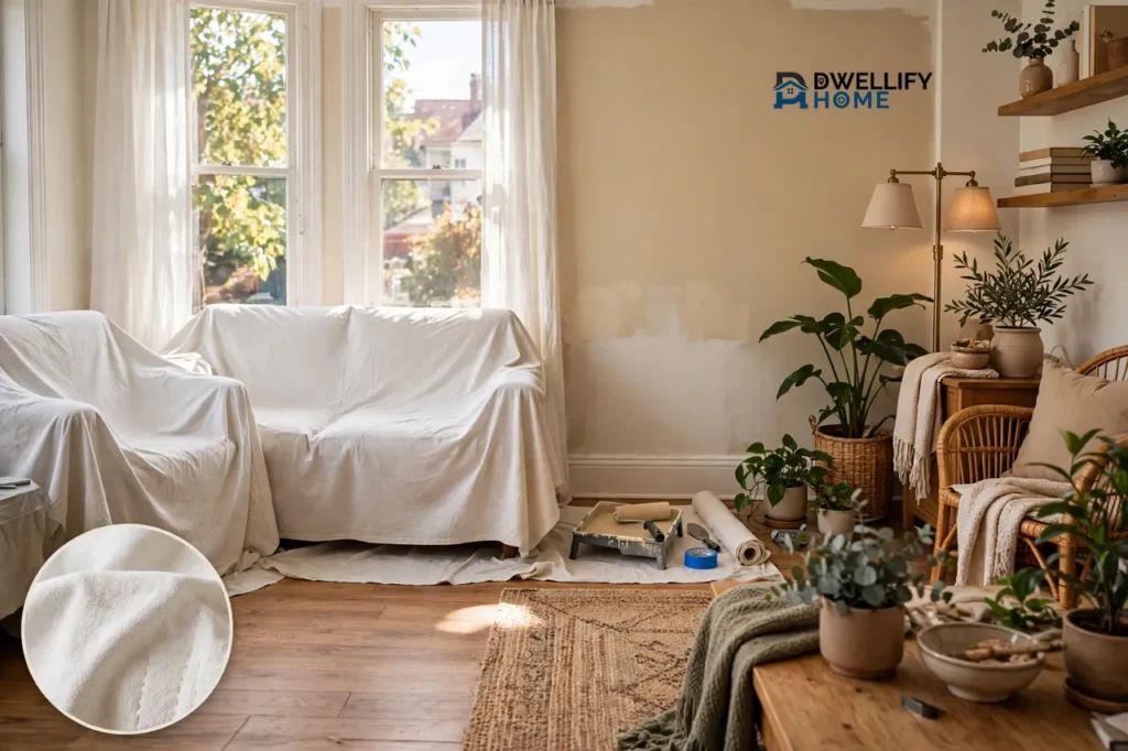Lived-in room mid-repaint with furniture protected under white drop cloths, and a close-up inset of the protected fabric