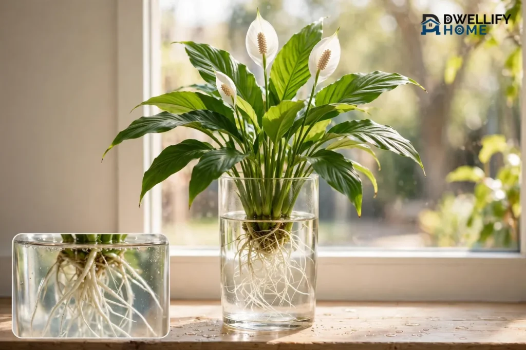 Peace lily with visible roots growing in clear water in a glass vase, root close-up inset