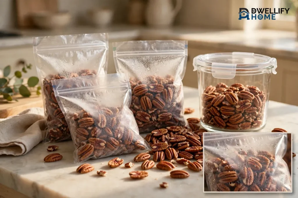 Glossy pecans in blank sealed freezer bags and an airtight container, with a sealed-bag inset