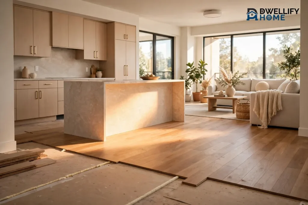 Bright sunlit condo interior mid-renovation with a new stone kitchen island, light wood cabinets, and new hardwood flooring being laid