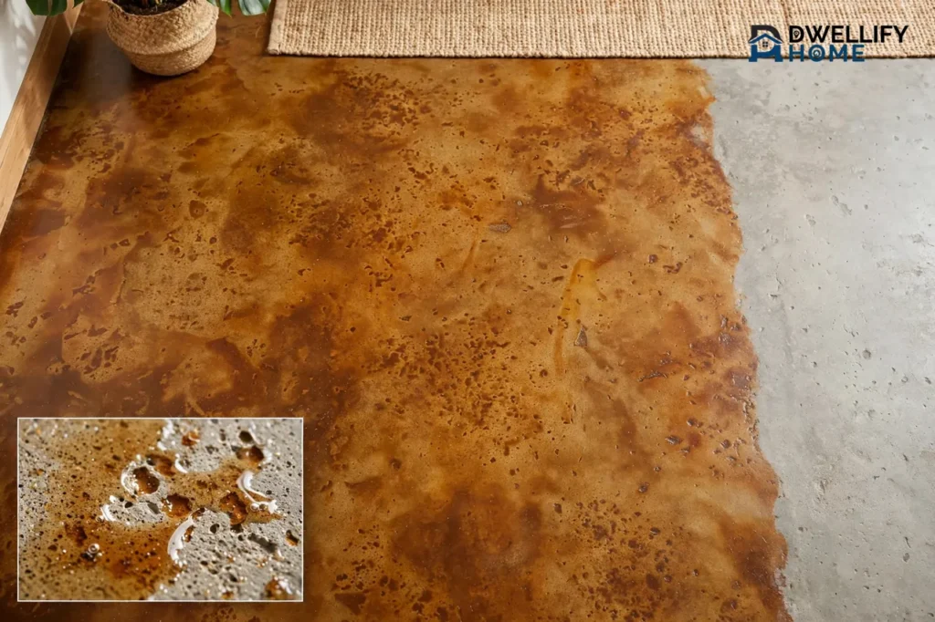 Rich mottled amber stained concrete floor with an unstained grey patch edge, with stain soaking into the concrete pores