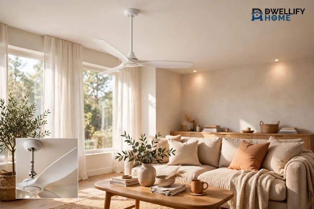 Bright living room with a white ceiling fan on a downrod above the sofa seating area, and a bottom-left close-up of the fan mount and a plain blade