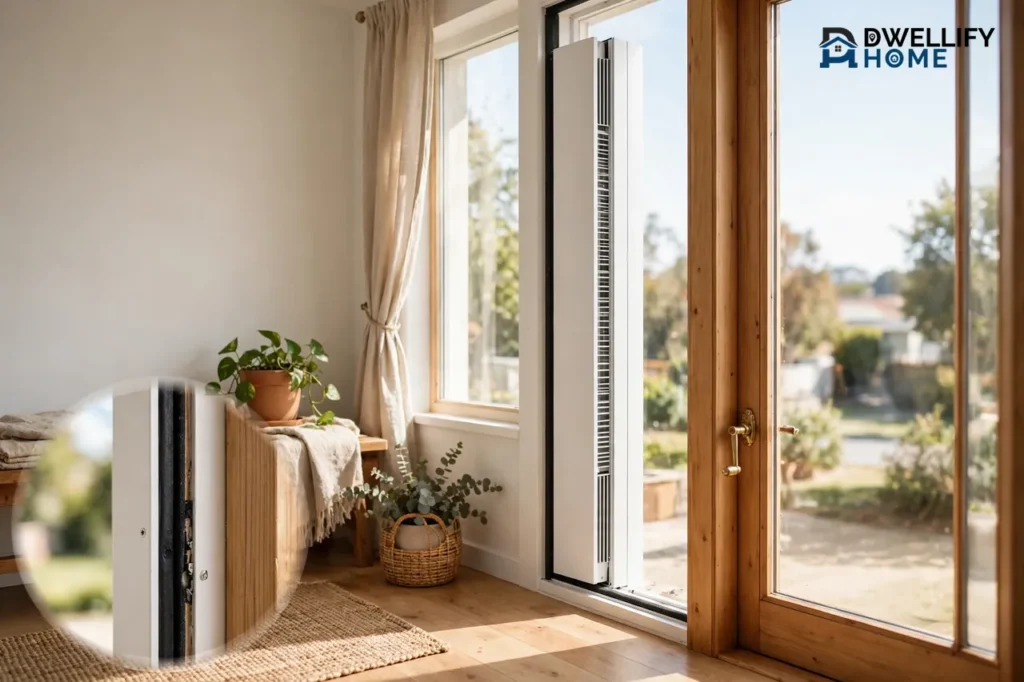 Tall narrow vertical air conditioner sealed into a crank-out casement window, with a frame-seal inset