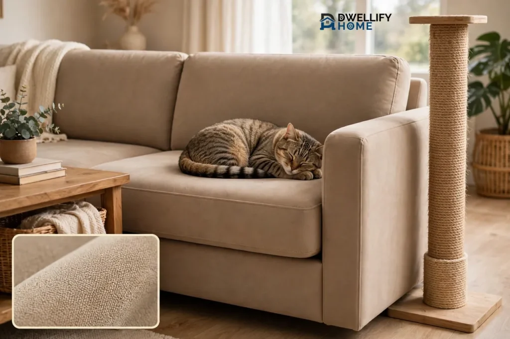 Cat resting beside a sofa with a fabric-weave inset