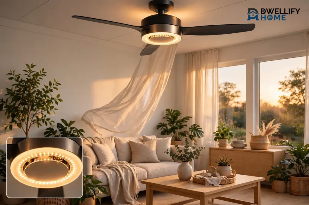 A bright modern living room with a ceiling fan and warm glowing light ring switched on, plus a magnified inset of the glowing fixture.