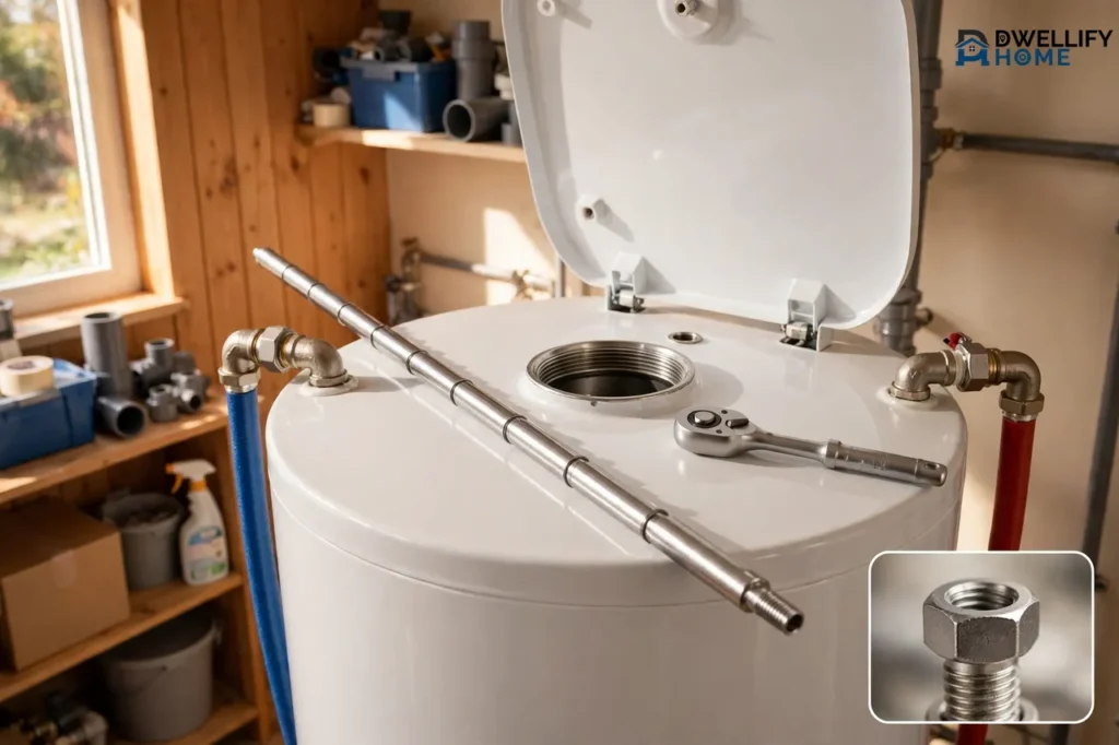 Top of a white water heater tank with its anode rod port open, a long segmented replacement rod and a socket wrench lying on top of the tank, with a magnified inset at the bottom right showing the hexagonal rod head