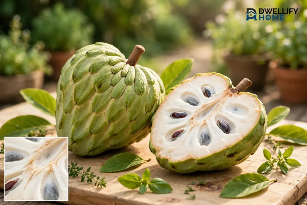 Whole and cut cherimoya showing creamy flesh on a board in a garden setting