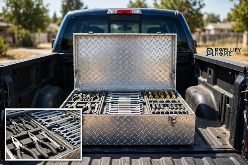 Open diamond-plate toolbox filled with organized wrenches, pliers and screwdrivers in the bed of a pickup truck in daylight, with a close-up inset of the tool tray