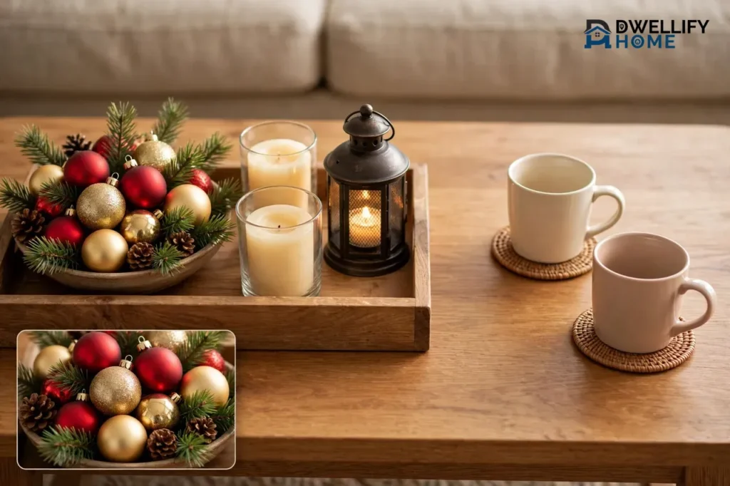 Christmas coffee table centerpiece with candles, ornaments and a lantern on a wooden tray