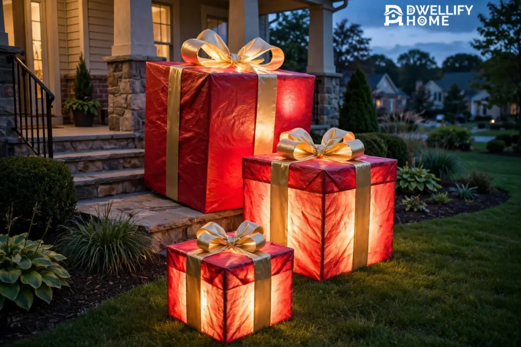 Three oversized lighted Christmas gift boxes in red and gold glowing warmly beside porch steps at dusk