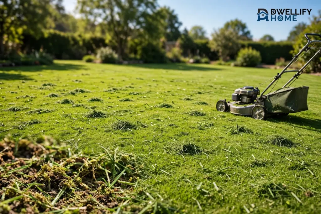 Sunny freshly mowed lawn with fine grass clippings left on the grass and a mower, with clippings breaking down into the turf