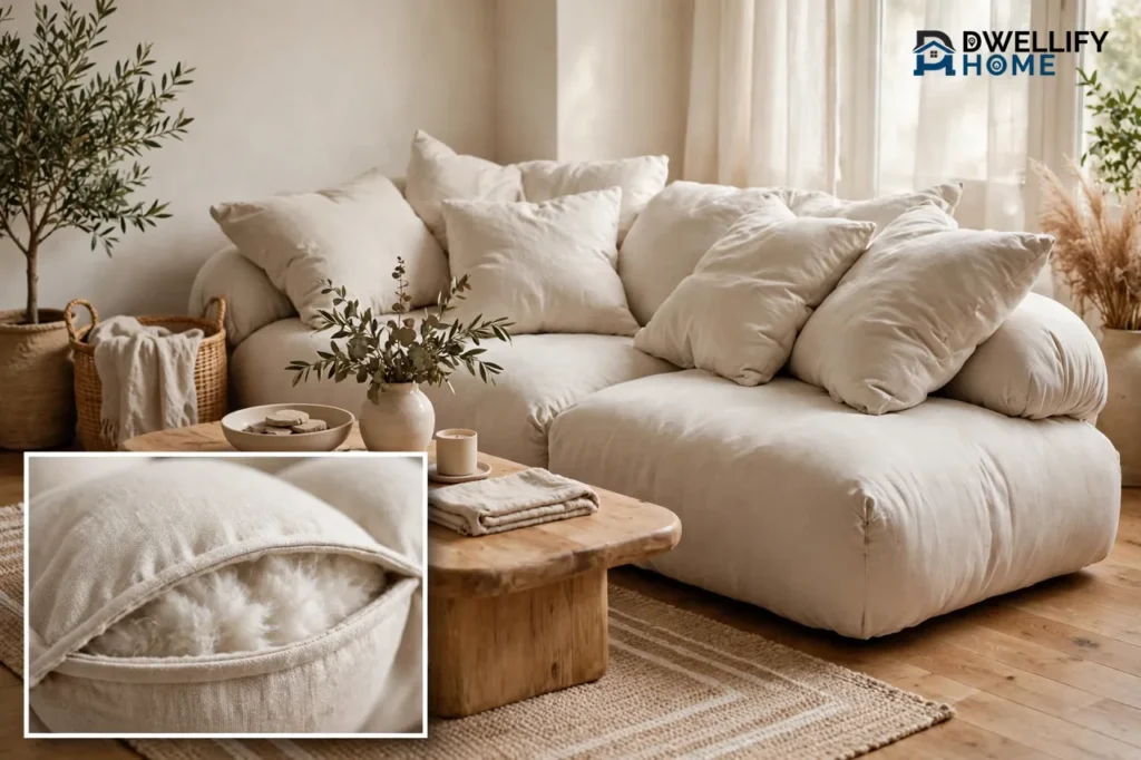 Deep plush light-colored cloud-style sofa with oversized soft cushions in a bright living room, with a close-up inset of a plush cushion and its soft filling at bottom left