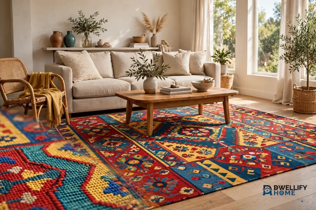 Large bold colorful patterned rug in red, blue, mustard yellow and teal under a wooden coffee table and neutral beige sofa in a bright living room