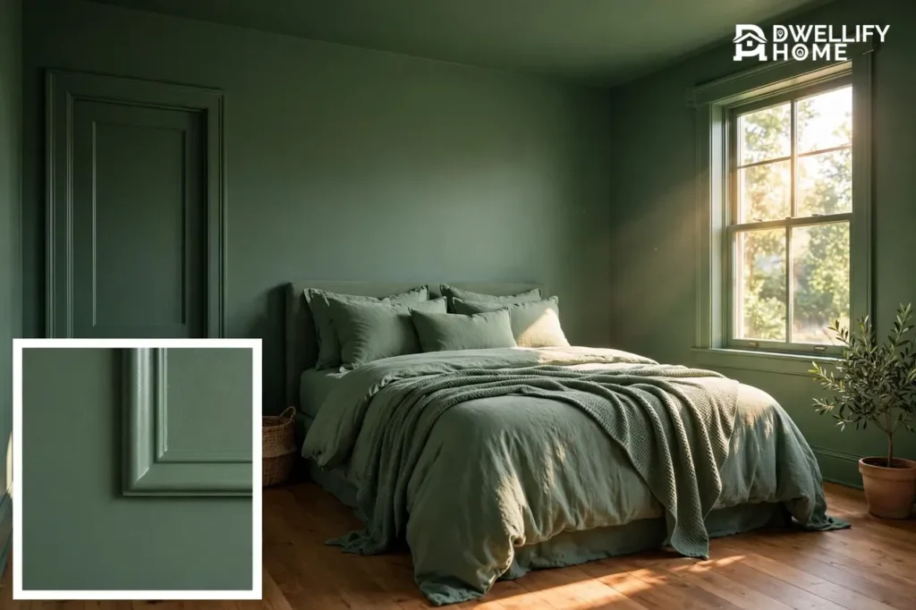 Bedroom drenched in deep sage green across walls and bedding, paint-detail inset