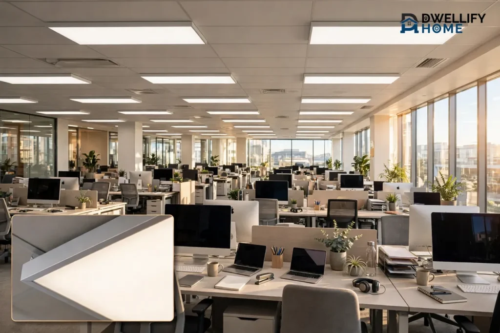 Open-plan commercial office with rows of LED ceiling panels, LED panel inset