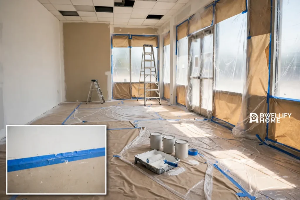 Empty commercial interior prepared for painting with masked windows and floor, fresh primer on the walls, ladders, blank paint cans and a roller tray, plus a bottom-left magnified inset of a crisp masking-tape edge