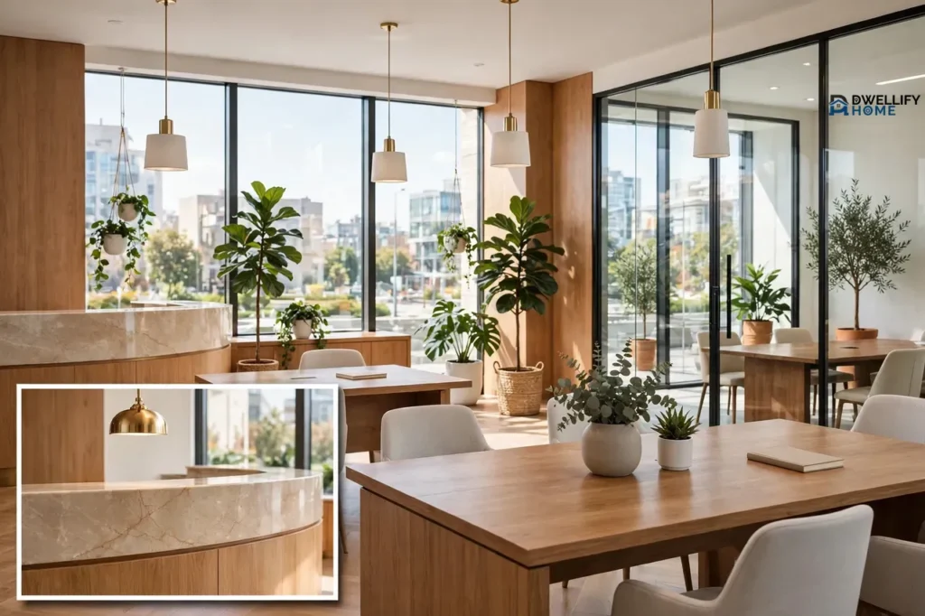 Bright newly remodeled open-plan office with wood tables, glass meeting room and indoor plants, with a small inset photo of the curved marble reception counter and brass pendant light