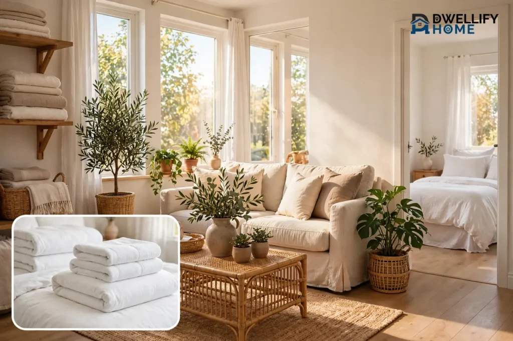Bright guest-ready vacation rental living room with a sofa and an open bedroom doorway, plus a close-up inset of freshly folded white towels and bedding