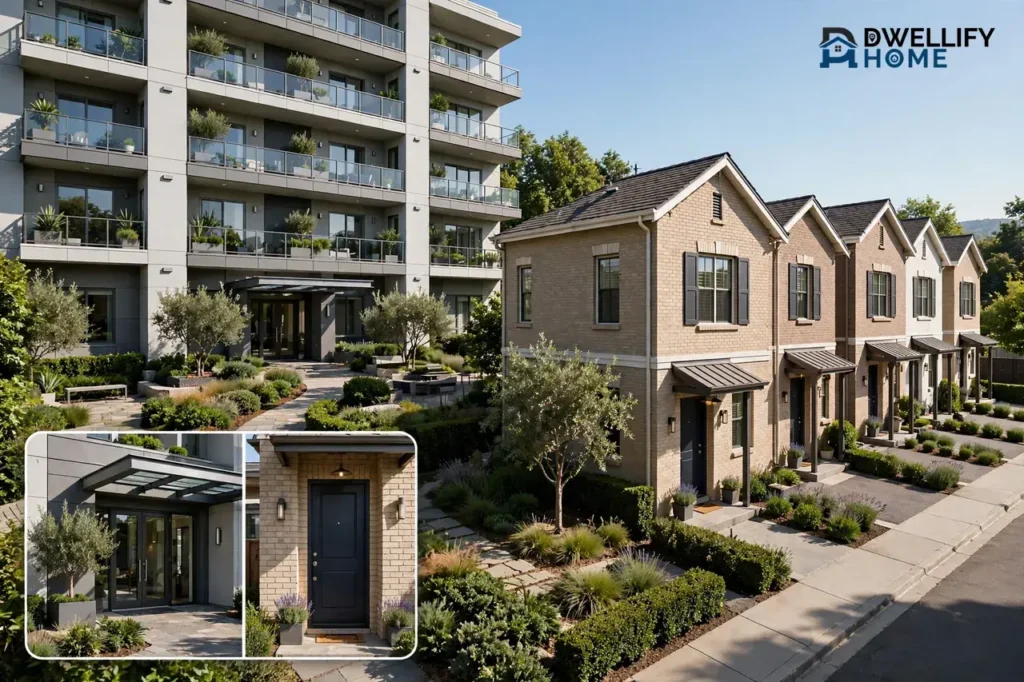 Multi-unit condo building with shared courtyard beside an attached townhouse row, shared entrance versus private door inset