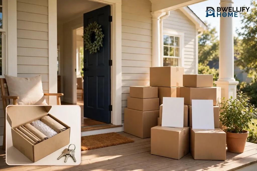 Sunny home porch with neat moving boxes and blank planning papers, packed box and keys inset