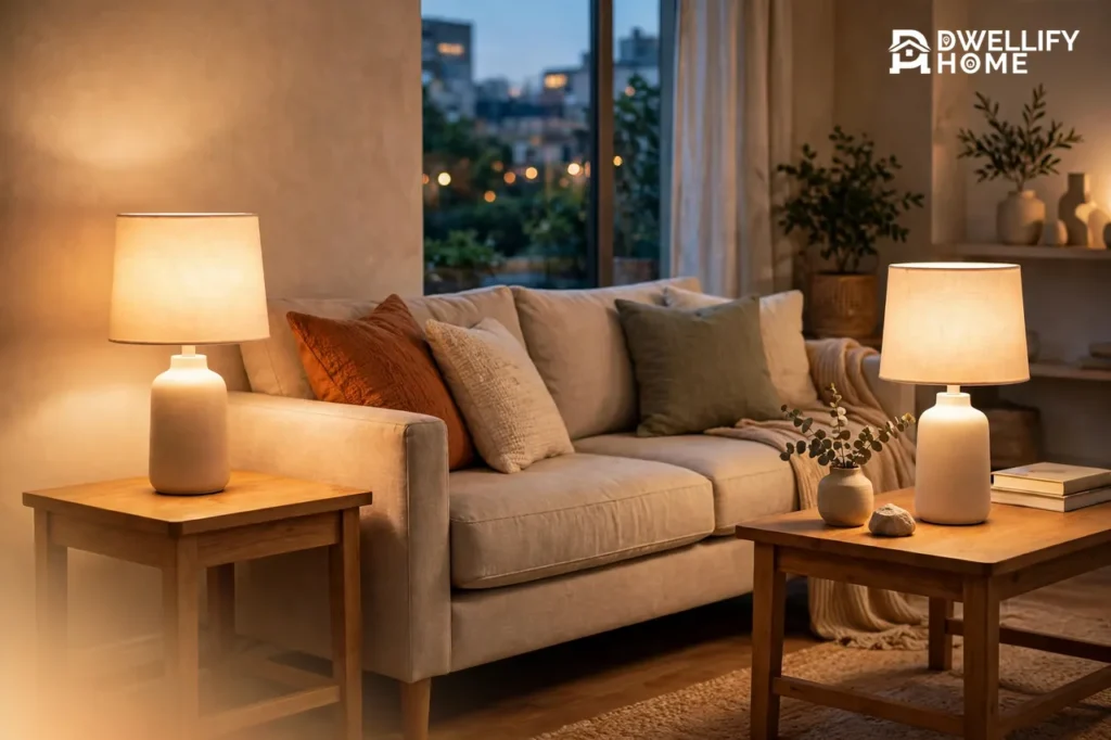 Two glowing cordless table lamps with fabric shades on wooden side tables beside a sofa in a warm living room, with no cords or cables visible