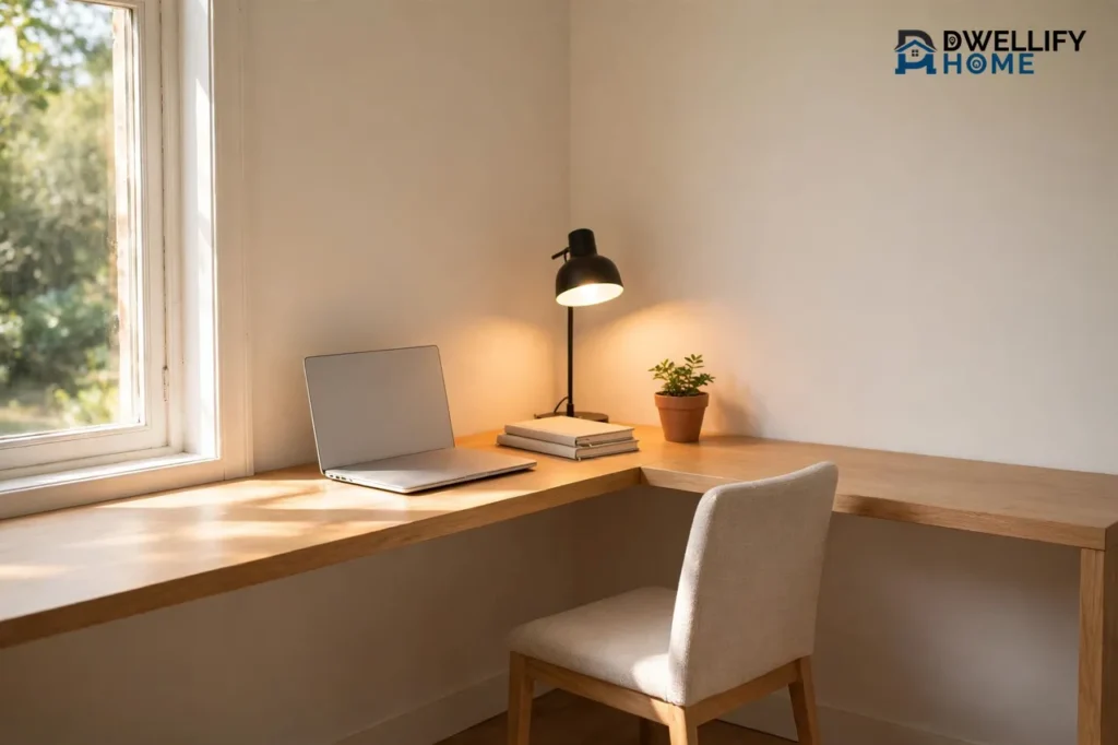 A light wooden L-shaped corner desk in a bright room corner by a window, with a laptop with a blank screen, stacked books, a lit black desk lamp, a small potted plant and a fabric chair, in warm sunlight.
