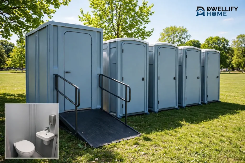 Row of clean grey portable restrooms on grass at an outdoor site, with a larger accessible unit and ramp in front, and a bottom-left inset showing a clean portable restroom interior with toilet and small sink