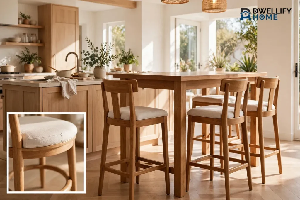 Taller counter-height wooden dining table with matching high stools with footrests in a bright open kitchen-dining space beside a kitchen island, with a magnified inset at bottom left showing a stool seat and footrest rung