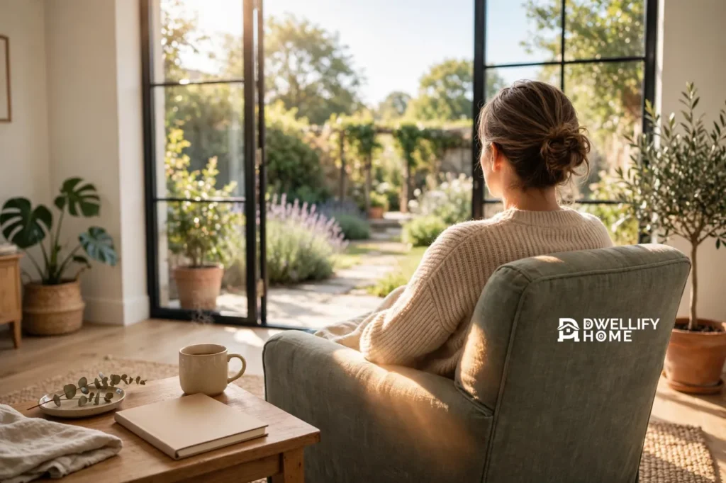 Person sitting unhurried by a sunny garden window with a closed blank notebook