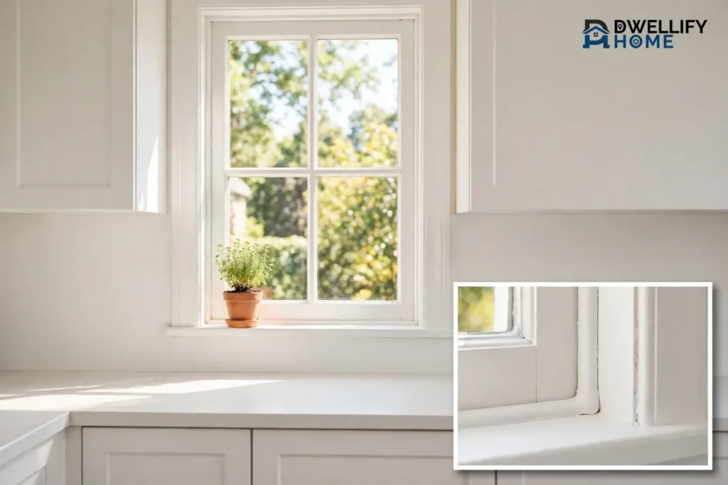 Bright clean kitchen with a potted herb on the windowsill and a magnified inset of a sealed window edge