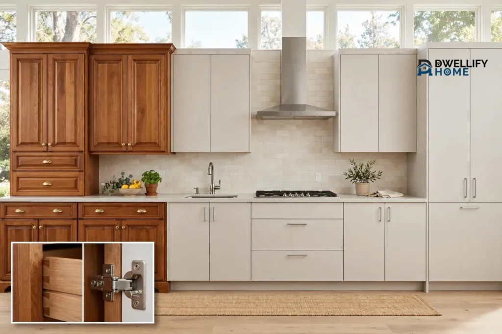 One kitchen with warm raised-panel wood cabinets on one side and sleek flat-panel pale cabinets on the other, with a close-up inset of a dovetail drawer joint and soft-close hinge