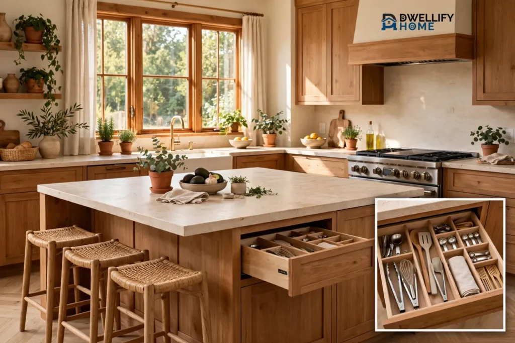 Bright custom kitchen with island seating and open pull-out drawer, drawer organizer inset
