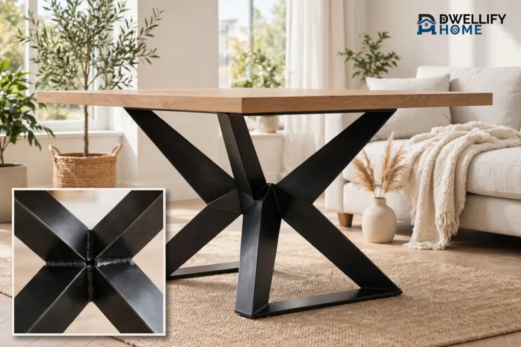 Wooden tabletop on a sculptural matte-black X-frame metal base, with a base-joint inset
