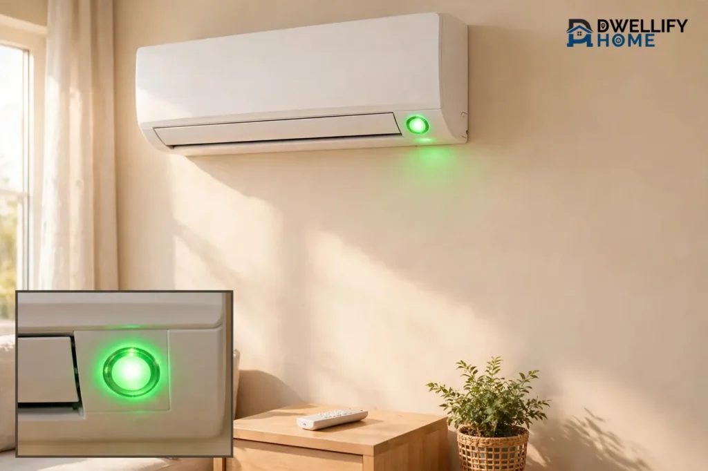 Wall-mounted split unit with a glowing green operation lamp, lamp inset and blank remote