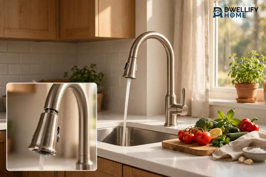 A brushed-nickel pull-down kitchen faucet running water into a sunny kitchen sink, with a magnified close-up of the spray head in the bottom-left corner